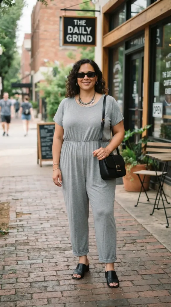 Plus-size woman wearing a soft gray jumpsuit with black mule sandals and silver jewelry