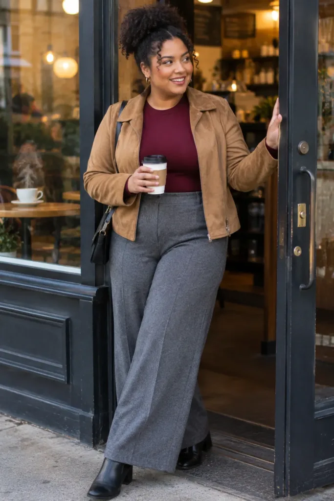Midsize woman in wide-leg pants, burgundy bodysuit and suede jacket at a coffee shop, casual autumn outfit