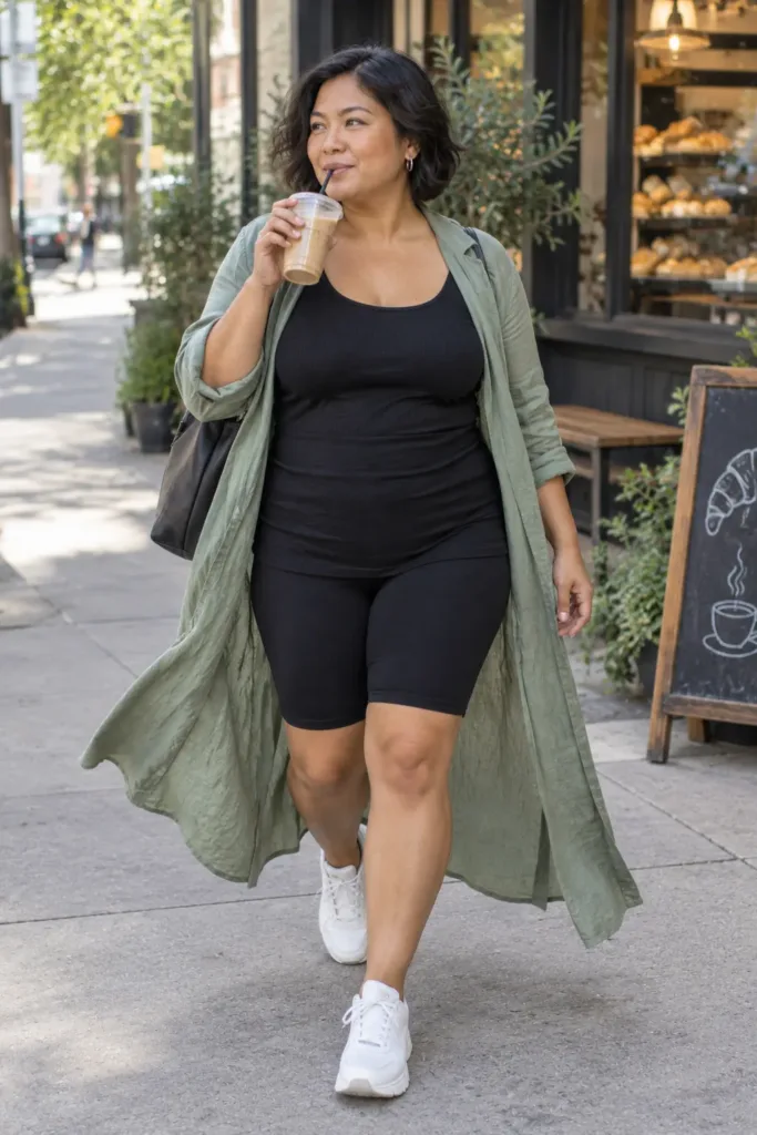  Plus size woman in a sage duster, black tank and bike shorts with white sneakers on a city street