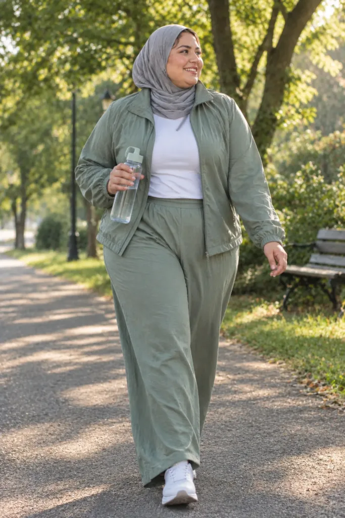 Curvy hijabi woman in a sage matching track set and gray sport hijab on a morning park walk