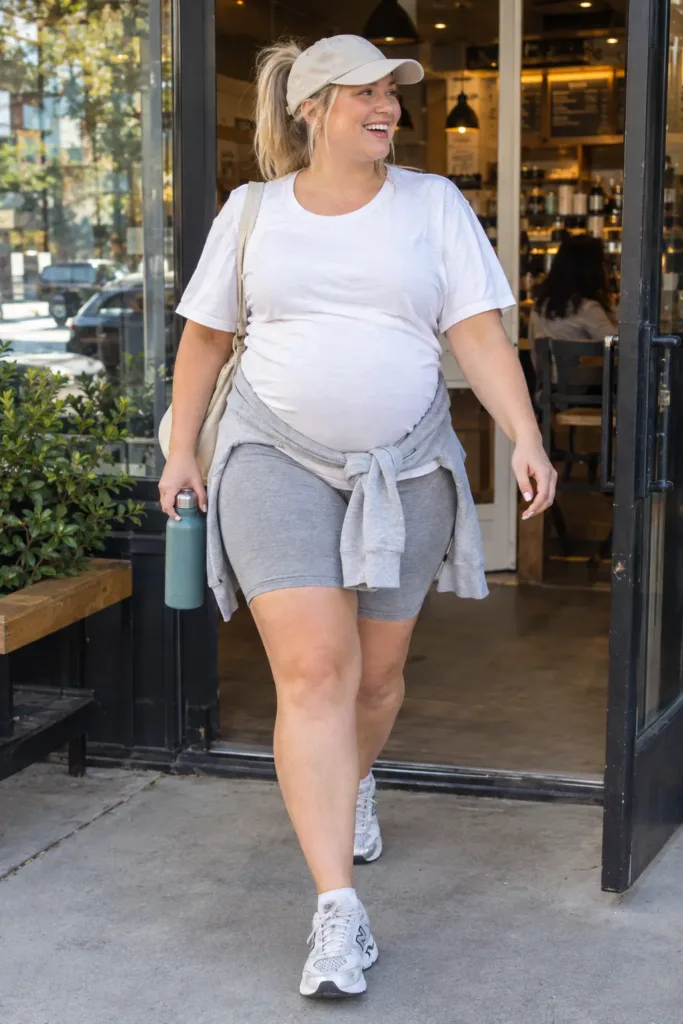 Sporty-chic gray bike shorts and tee outfit in plus size summer pregnancy outfits
