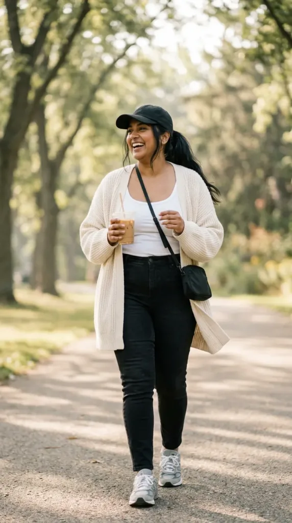 Plus-size woman in black jeans, cream cardigan and white sneakers for a casual errand outfit