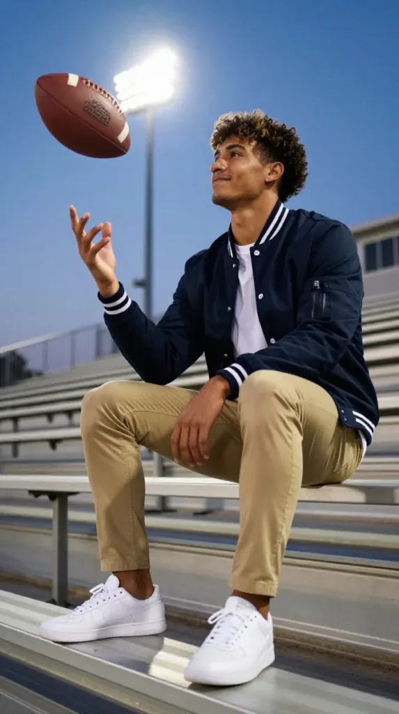 Man in varsity bomber jacket and khaki chinos, a sporty hoco outfit for men