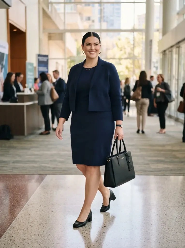 Plus size wrinkle resistant travel outfit for a spring work conference