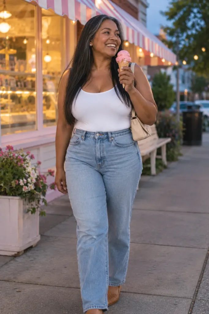 Plus size summer outfit with white bodysuit and light-wash straight-leg jeans on a warm evening