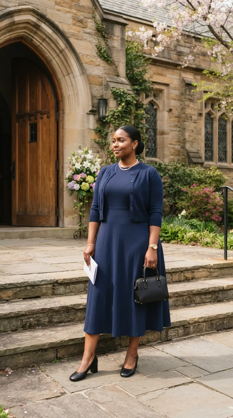 Plus size navy midi dress with cardigan for a conservative Easter church dress code