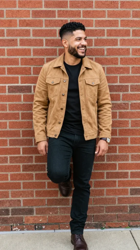 Man in tan suede jacket with dark jeans and boots, an earthy hoco outfit for men
