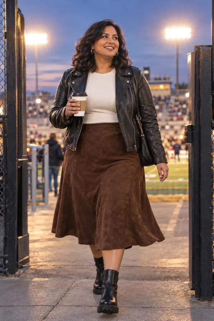 Plus-size woman in suede midi skirt, cream tee and leather jacket at a football game, casual fall outfit