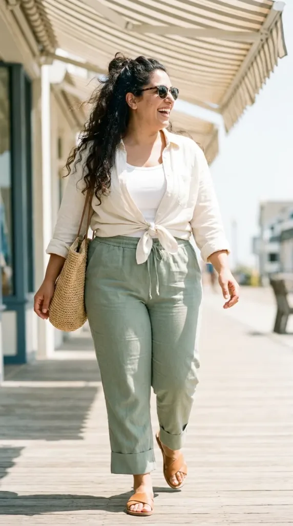 Sage lightweight sweatpants outfit with a white tank, linen shirt and sandals for summer