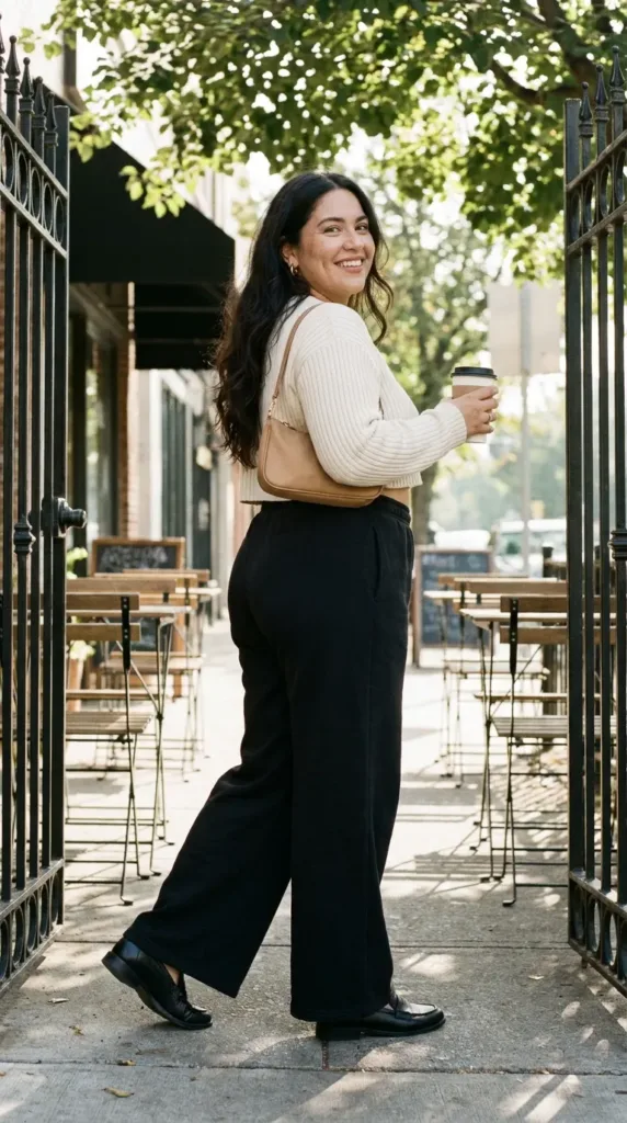 Black wide-leg sweatpants outfit with a cream cropped sweater and loafers for brunch