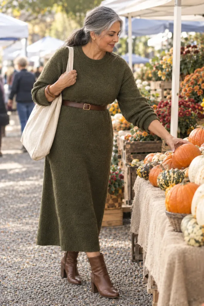 Fall 2026 Fashion Trends for Women Over 50 to Wear Right Now 5 Olive knit dress with belt outfit