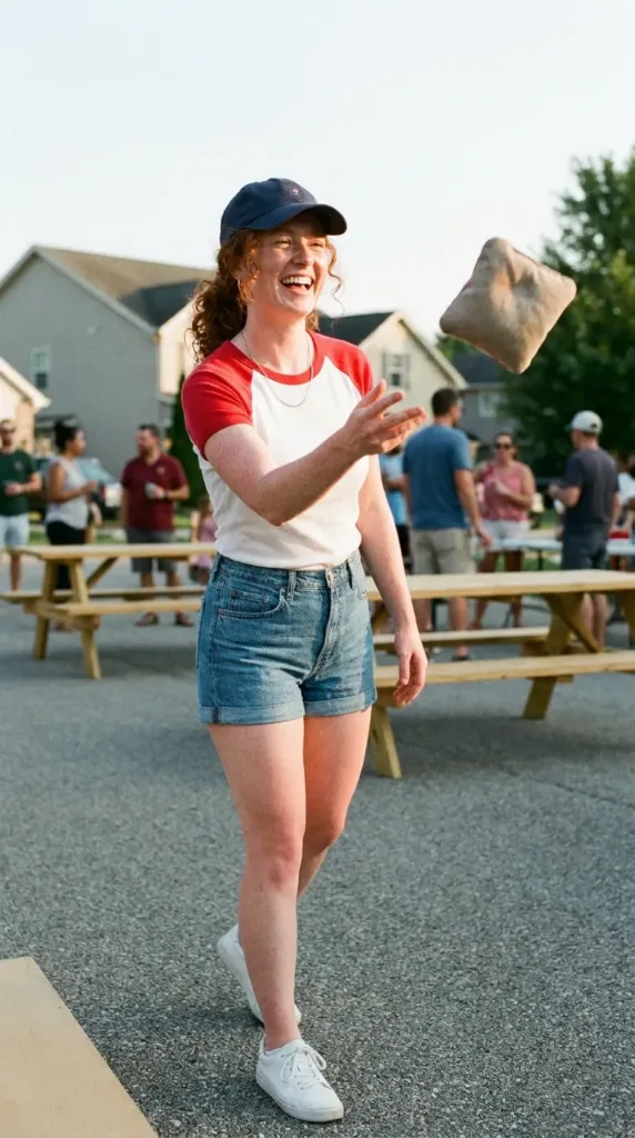 Plus-size woman in denim shorts and ringer tee playing cornhole at a Memorial Day block party