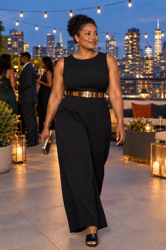 Woman over 50 wearing black wide-leg jumpsuit
