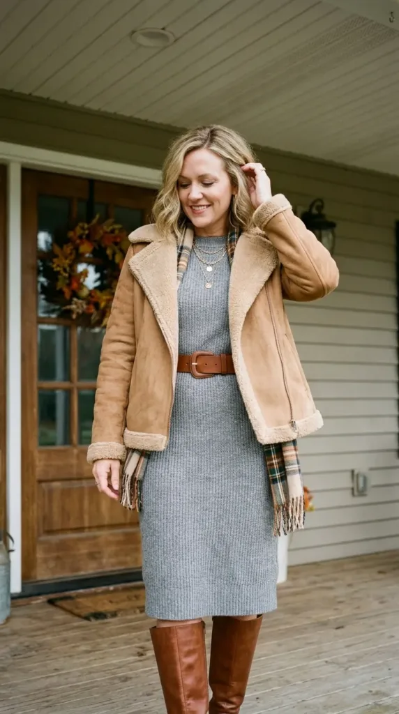 Curvy woman in a tan faux shearling jacket, gray knit midi dress and brown belt on a porch