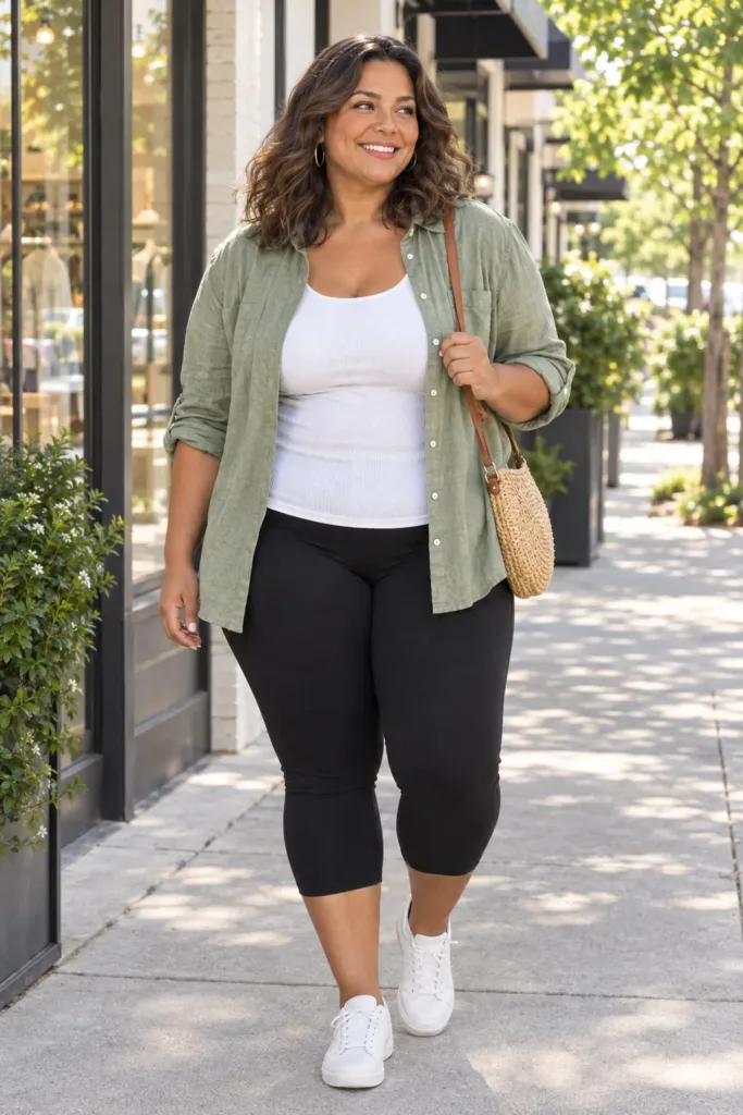  size summer legging outfit with capri leggings, white tank, and sage linen shirt for a Target run