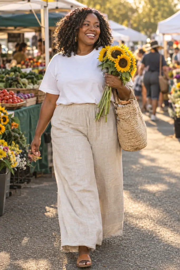 Plus size simple summer outfit with white tee and sand linen wide-leg pants at a farmers market