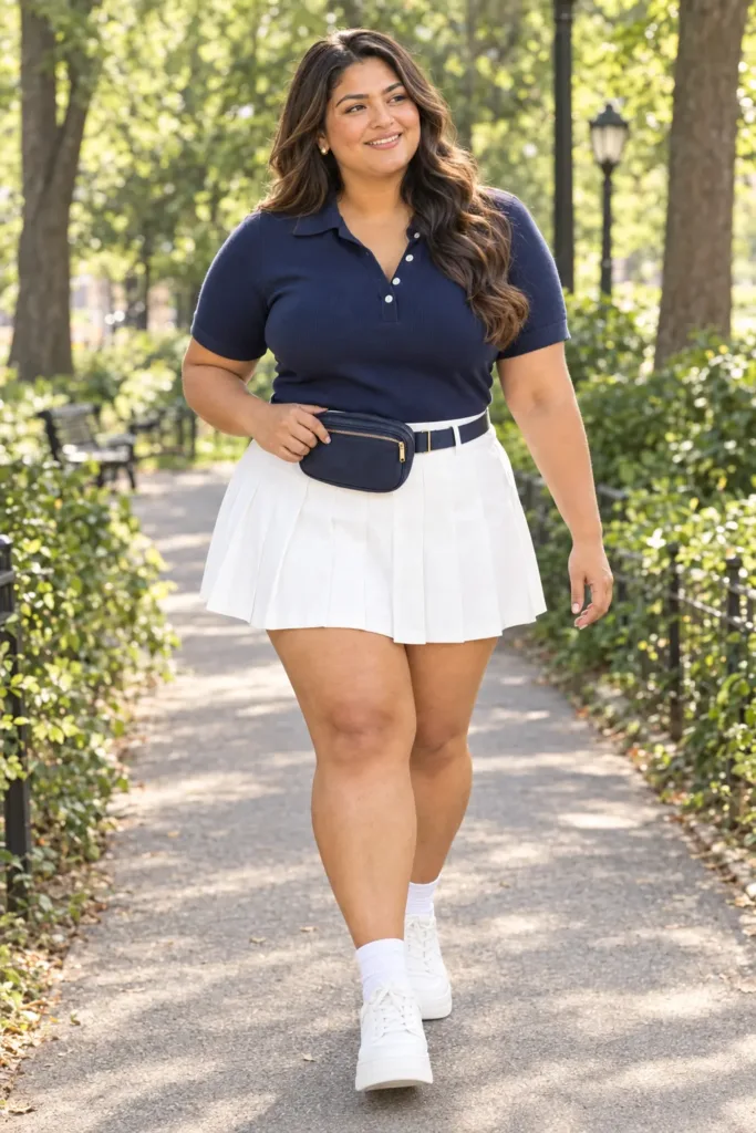 Curvy woman in a white pleated tennis mini skirt, navy polo, and white sneakers walking in a park