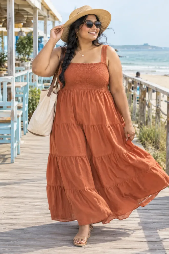 10 Plus Size Summer Brunch Outfits for Curvy Women 6 Plus size terracotta tiered maxi dress for a beachside summer brunch with straw hat