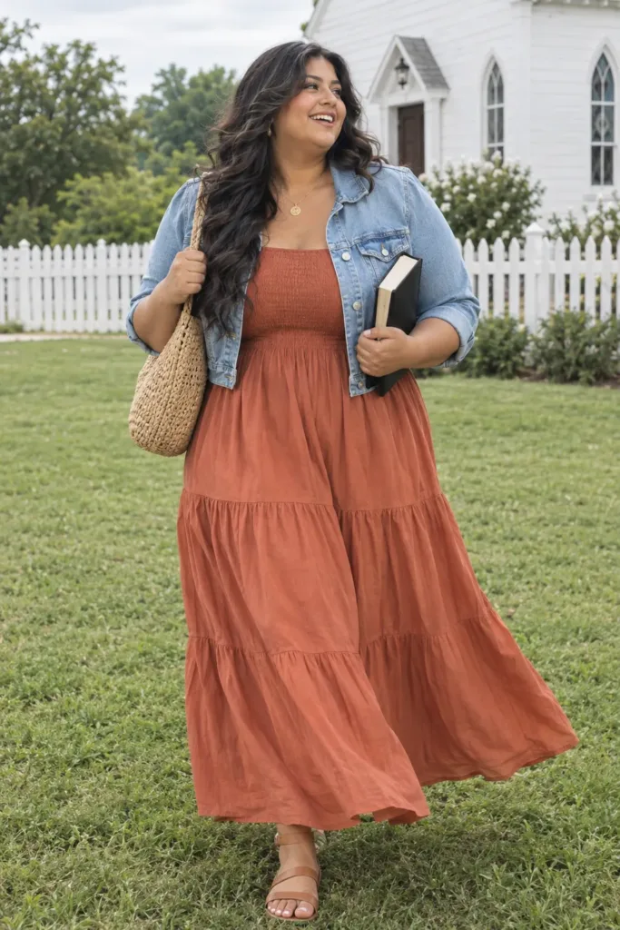 Plus size woman in a terracotta tiered maxi dress and cropped denim jacket outside a casual church