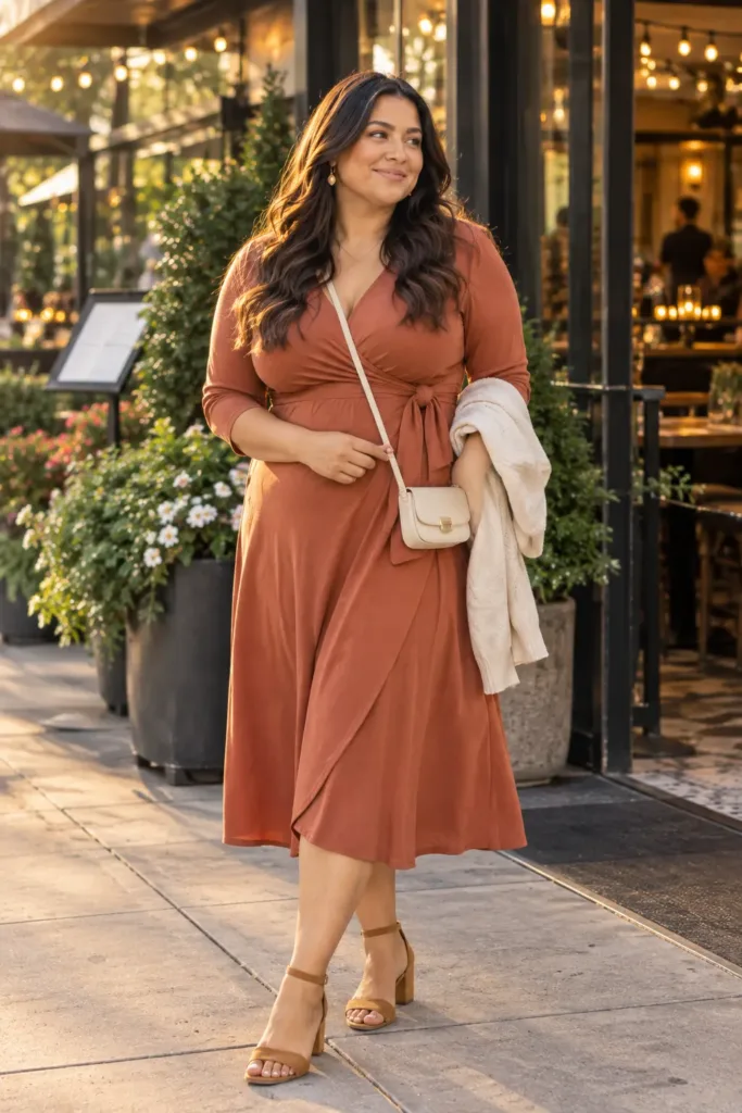 Woman in a terracotta wrap midi dress and tan heels outside a restaurant, a spring date night outfit