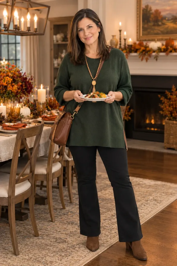 10 Fall Outfits That Flatter a Tummy Over 50 and Easy Styling Ideas for Women 9 Plus-size pear shape woman over 50 in forest green tunic