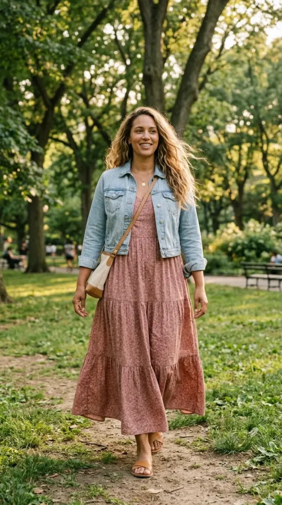 Tall-curvy woman in dusty rose tiered maxi dress and cropped denim jacket, a budget date outfit idea