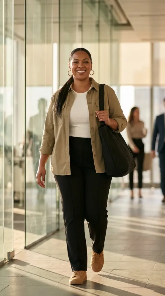 : Curvy woman in black track pants, white tee and khaki overskirt carrying a gym tote through an office lobby
