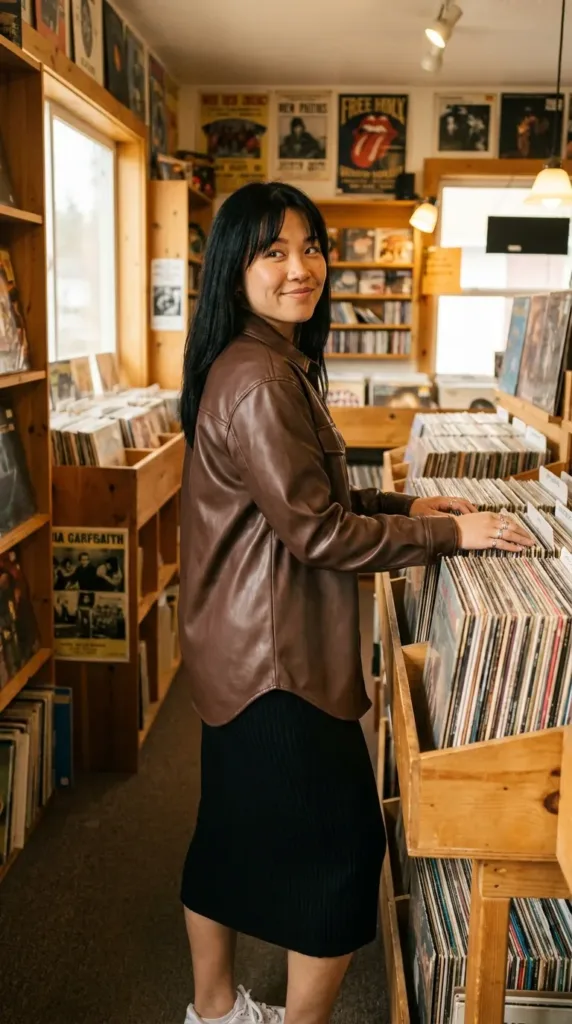 Woman in a chocolate faux-leather shacket, knit midi skirt and sneakers in a record shop