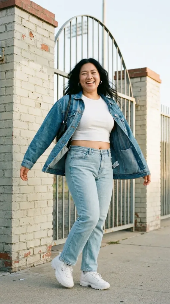 Woman in 90s-inspired denim jacket and chunky sneakers, a nostalgic Justin Timberlake concert outfit