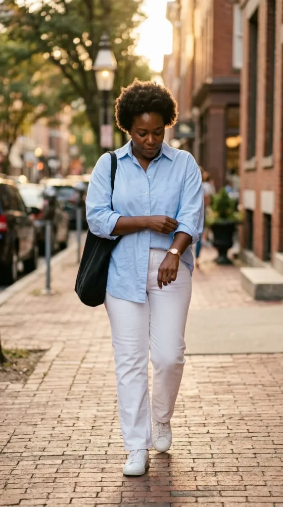 Plus-size woman wearing white straight-leg jeans with a blue button-down shirt