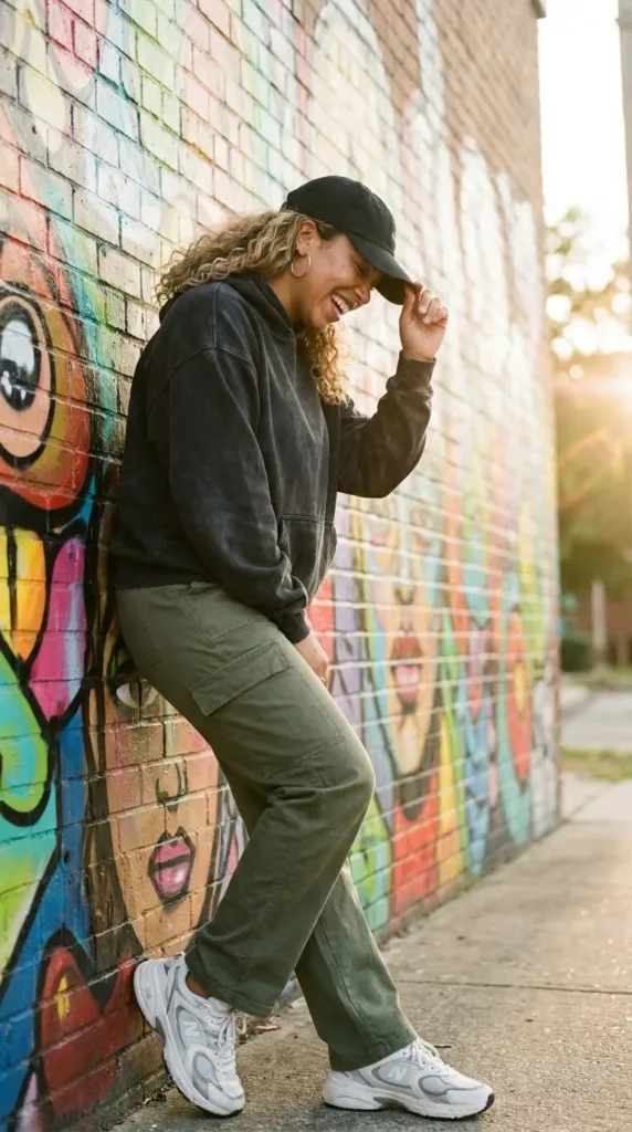 10 Hoodie Outfits for Weekend Errands and Coffee Dates 10 Woman in a washed-black hoodie, olive cargo pants and chunky sneakers posing in front of a colorful wall mural