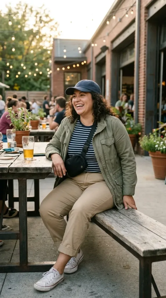 Midsize woman in khaki chinos, striped tee, and olive utility jacket, a casual activity date outfit