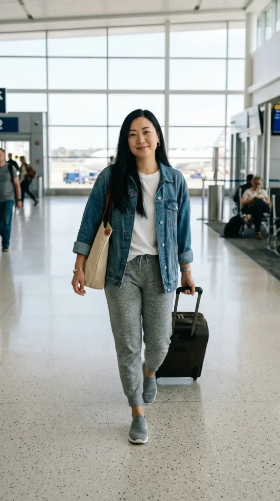 Woman in airport wearing oversized denim jacket, gray joggers, white tee, and knit sneakers