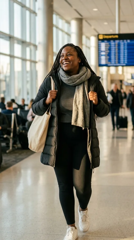 Woman wearing a black packable puffer jacket, leggings and white sneakers in an airport terminal