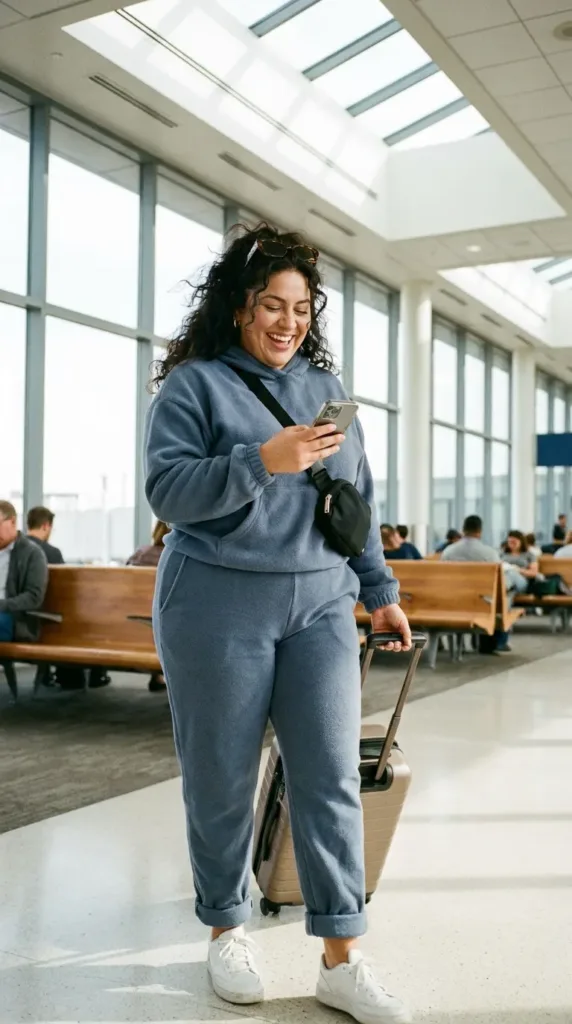 10 Hoodie Outfits for Weekend Errands and Coffee Dates 7 Woman in a slate-blue hoodie and jogger set with white sneakers walking through a bright airport terminal