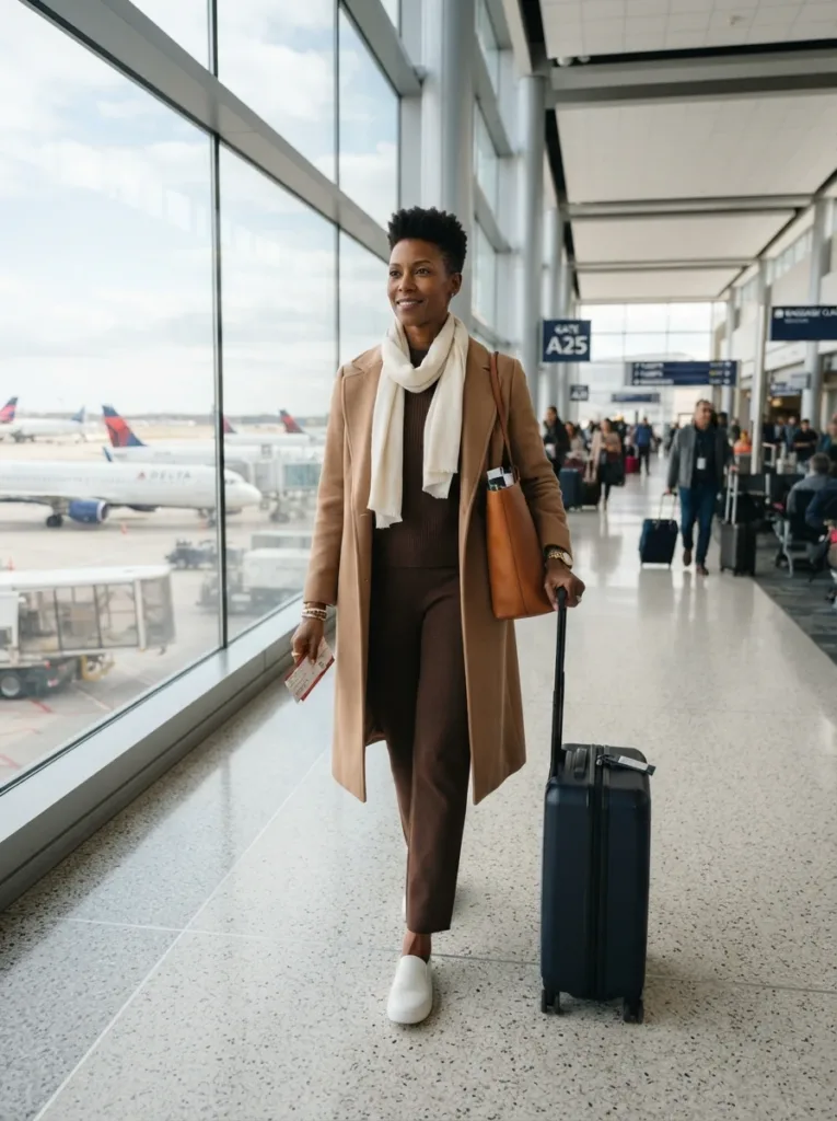 Plus Size Autumn Outfits Women Will Actually Wear (10 Looks) 8 Cozy plus size airport outfit with chocolate knit set, long camel coat, ivory scarf, and white sneakers
