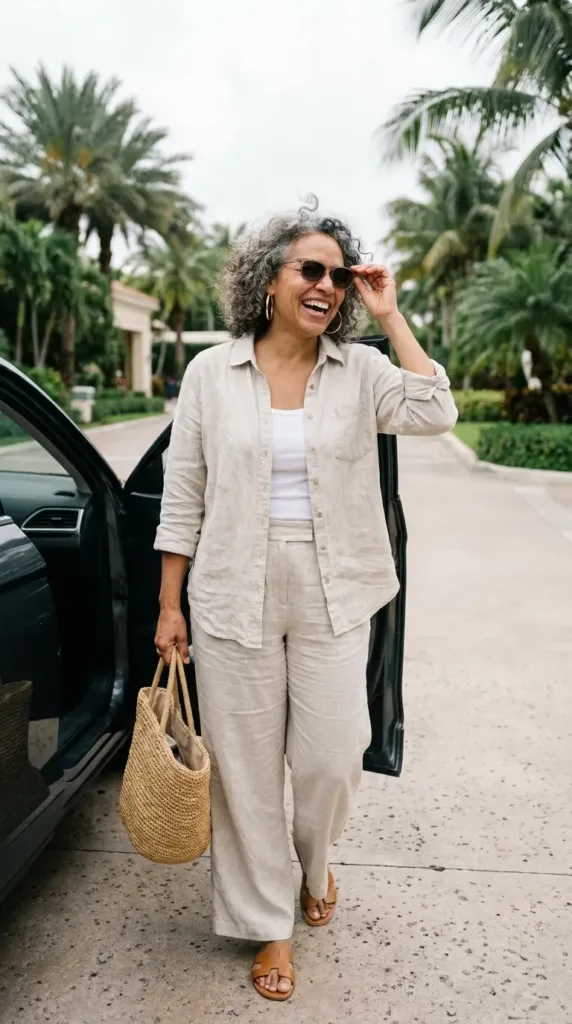 What to Wear on a Beach Vacation Over 50 2 Woman over 50 in an oatmeal linen shirt and wide-leg pants, a beach vacation outfit for travel day