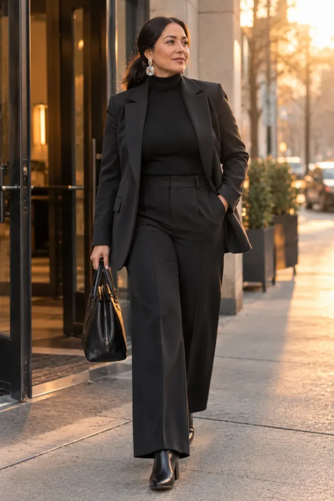 Warm and Polished Winter Work Outfit Ideas for Women Over 50 8 All-black winter work outfit