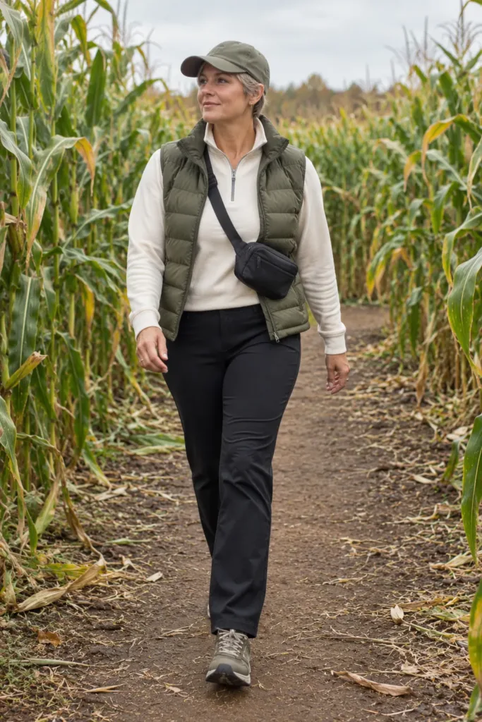 10 Amazing Pumpkin Patch Outfits for Women Over 50 7 Woman over 40 in athleisure outfit walking
