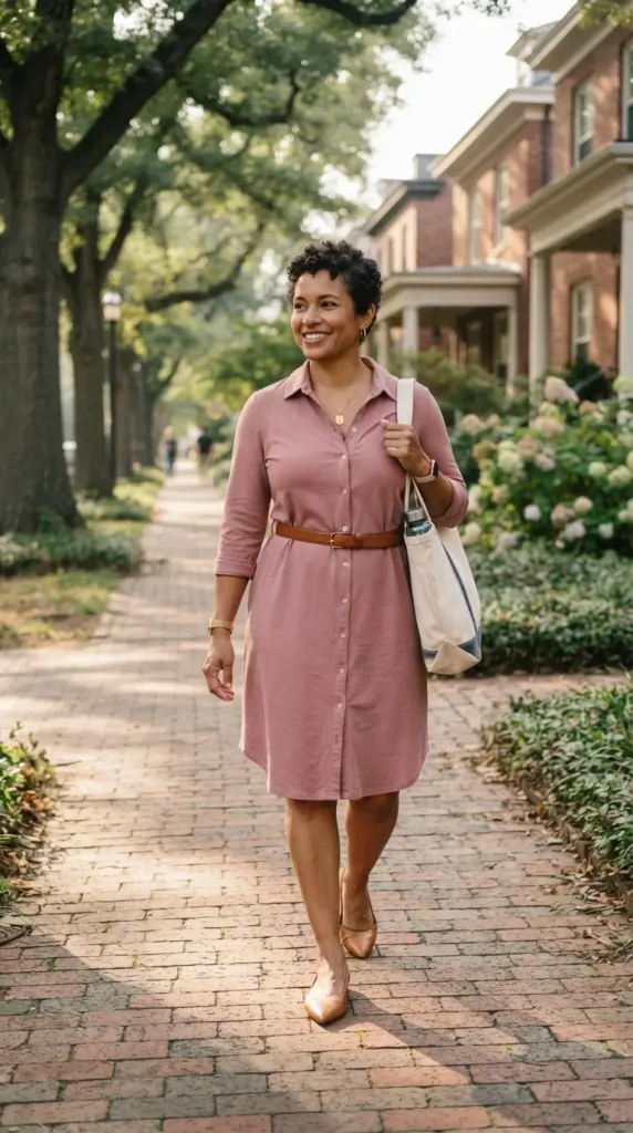 Midsize petite woman in a dusty rose belted shirtdress and tan flats walking down a tree-lined street
