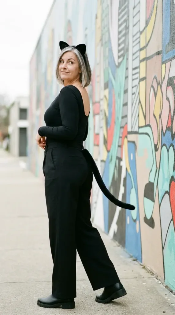 Black cat costume with bodysuit and wide-leg trousers, a comfy plus size Halloween idea