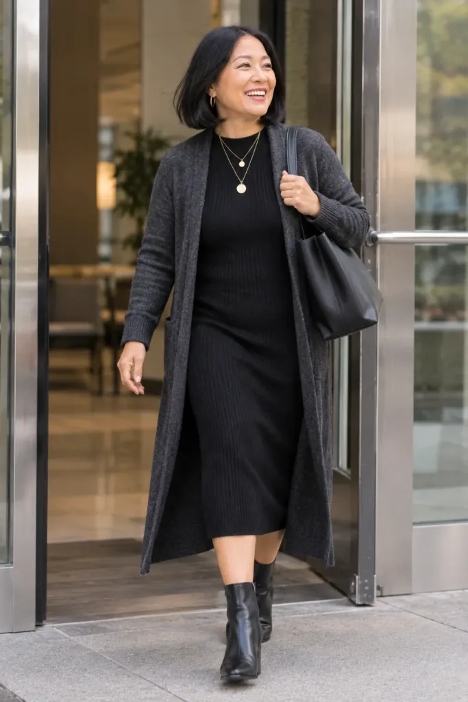 Warm and Polished Winter Work Outfit Ideas for Women Over 50 5 Black knit midi dress with long cardigan
