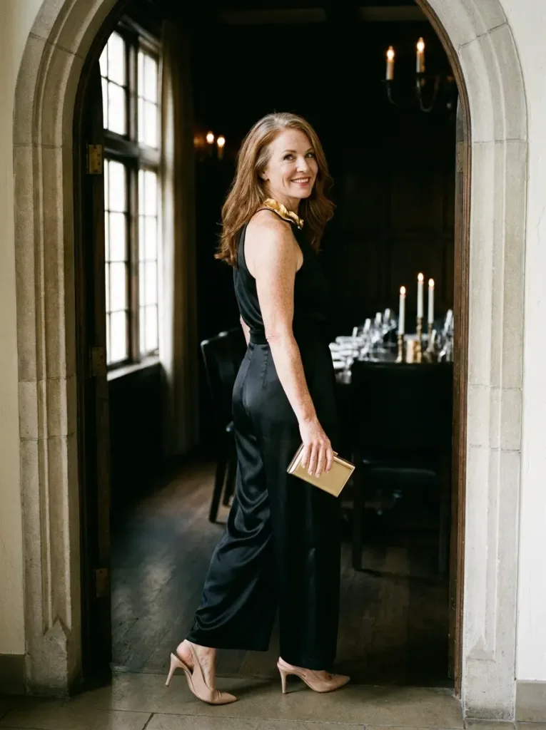 Woman in a black satin wide-leg jumpsuit with a gold collar necklace at an elegant dinner party