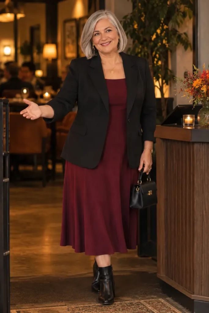 Woman over 50 in burgundy midi dress
