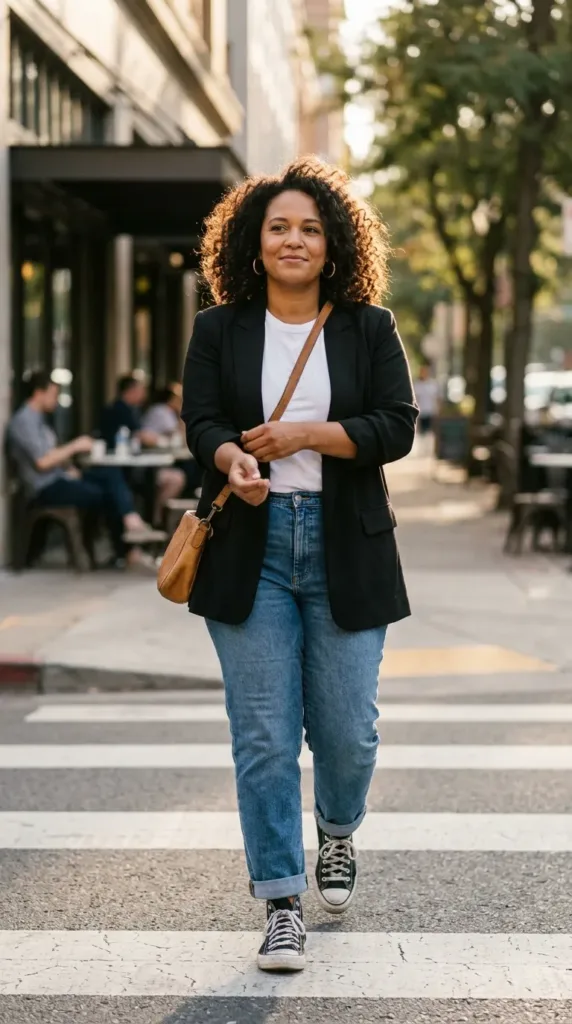 Curvy woman wearing black blazer, straight-leg jeans and black high-top Converse on a city crosswalk
