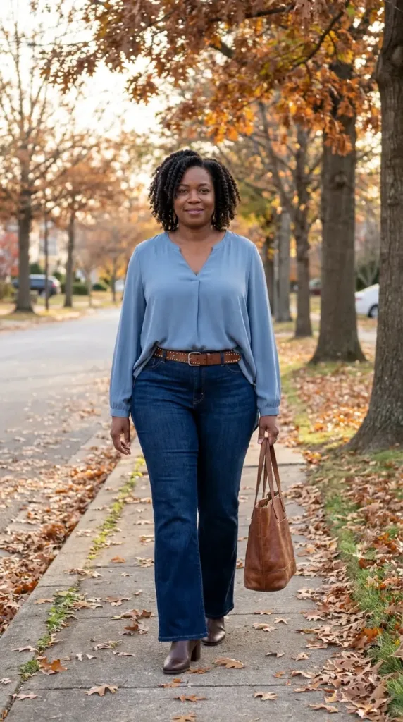 Plus-size woman in dark flare travel jeans and a cool-blue tunic blouse on a tree-lined street