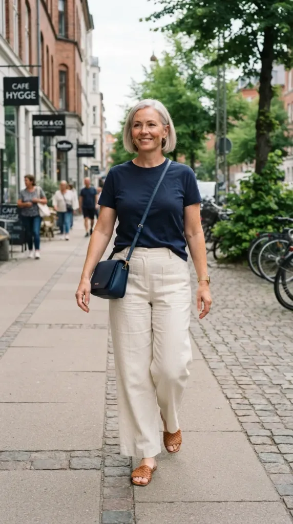 Cream wide-leg linen pants with navy tee, a comfortable plus size casual outfit