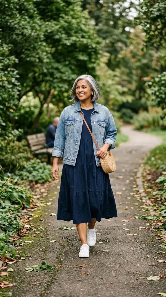 Woman in navy baby doll midi dress with oversized denim jacket and white sneakers in a park