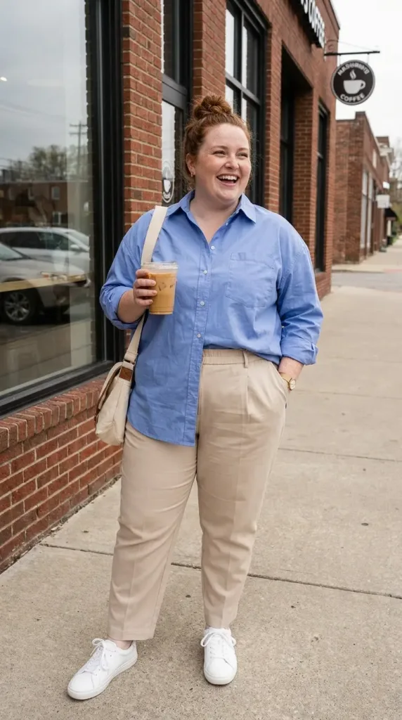 Woman in cool-blue poplin shirt, beige pleated pants, and white sneakers outside a coffee shop