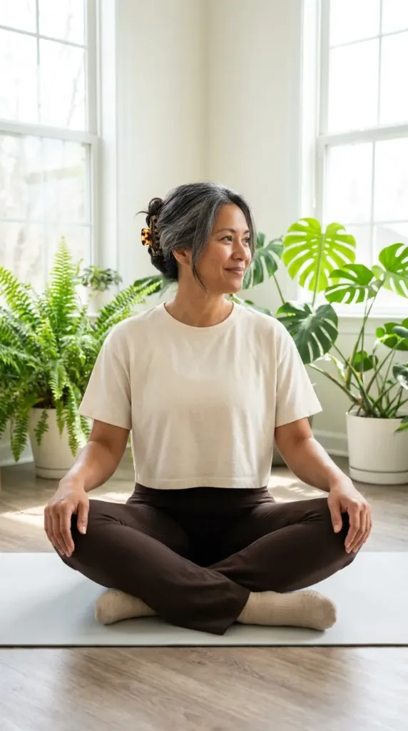 Midsize woman in espresso flare leggings and cream cropped tee on a Pilates mat in a bright studio